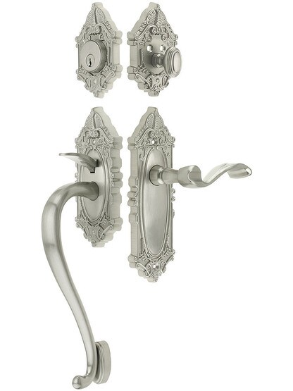 Grandeur Grande Victorian Thumblatch Entrance Set With Portofino Lever - Left-Handed in Satin Nickel.